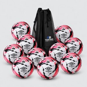 10 כדורי Umbro Neo Dynamis Pro לבן/ורוד מס' 5 ושק מקצועי